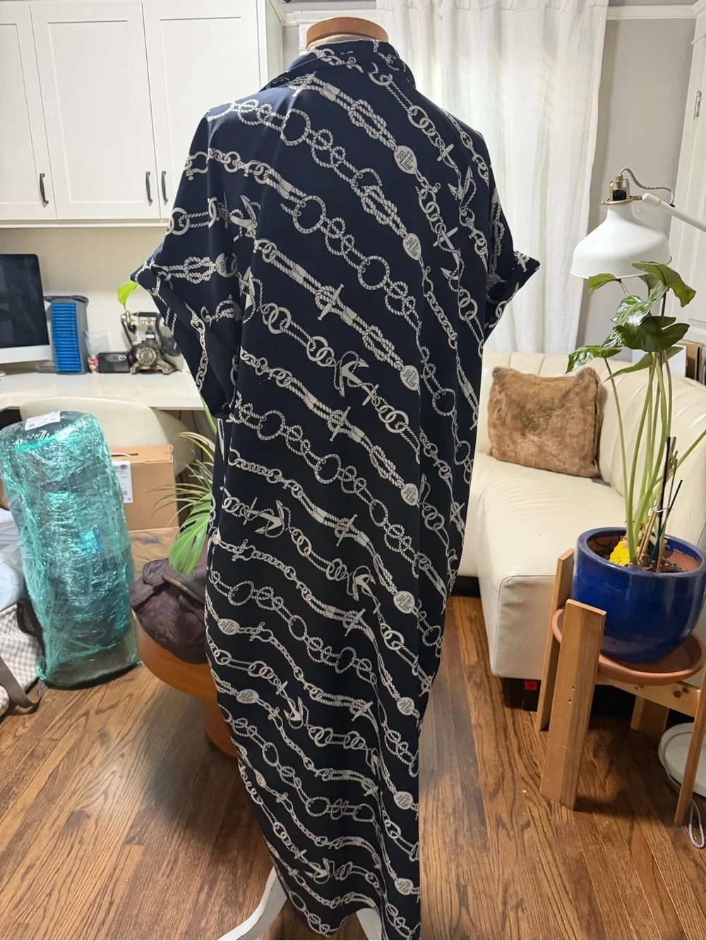 Ralph Lauren Navy Chain-Print Midi Shirt Dress with Brown Belt - Picture 11 of 13